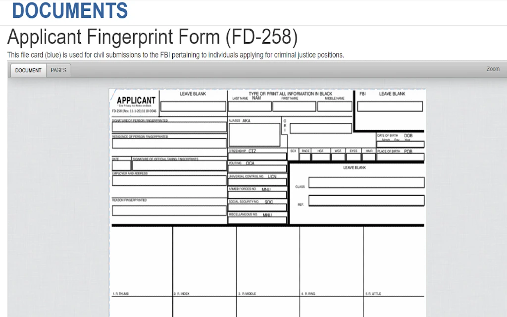 An applicant fingerprint form (FD-258) for New Yorkers to request criminal records. 