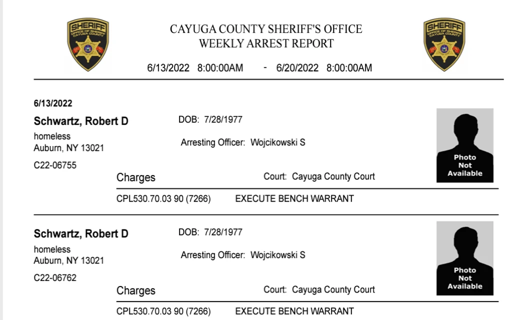 A screenshot of Cayuga County Sheriff's Office weekly arrest report with those who were recently arrested and in jail. 