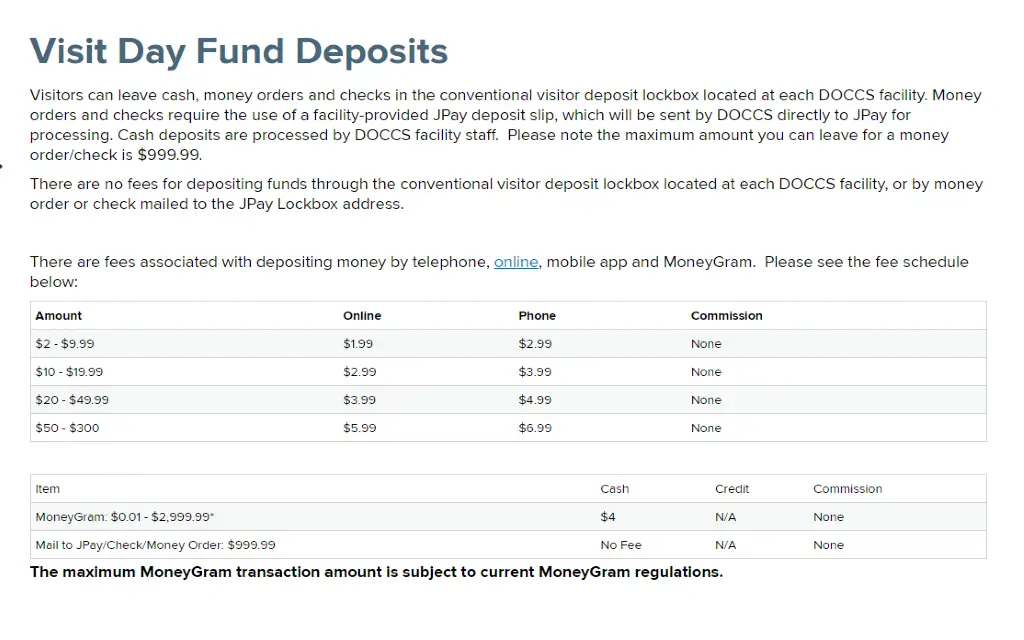 A list of online and phone deposit fees to send inmates money while visiting. 