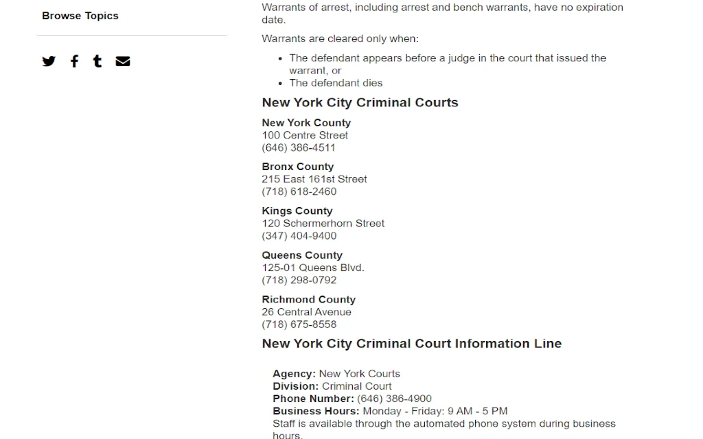 A list of criminal courts in New York City where searchers can check if they have a warrant for free. 