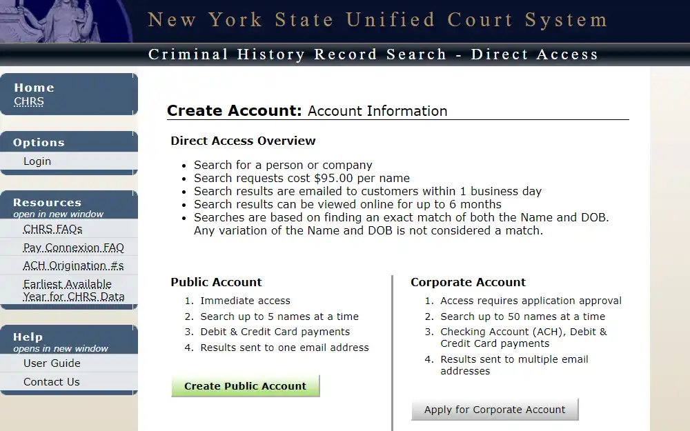 A picture of the New York State Unified Court System's criminal history record search page, highlighting the two options to register for a direct access account: "Public Account" and "Corporate Account," along with each account's benefits, including its cost per search request. 