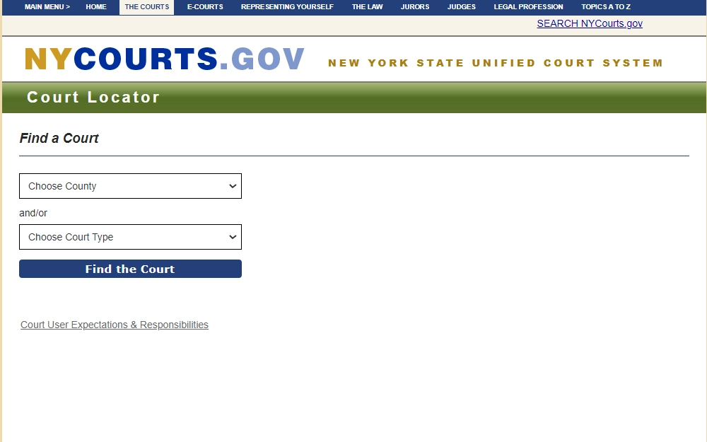 A screenshot of the court finder page for the New York State Unified Court System with the needed field, the dropdown menus for county and court type, and the top-left New York Government page logo.