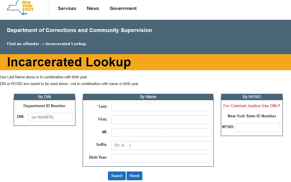 An image of the Incarcerated Lookup page for the Department of Corrections and Community Supervision, displaying the three search choices available: "DIN," "Name," and "NYSID," when searching by name, required to enter the inmate's birthday, and the New York State logo is visible in the top left corner.
