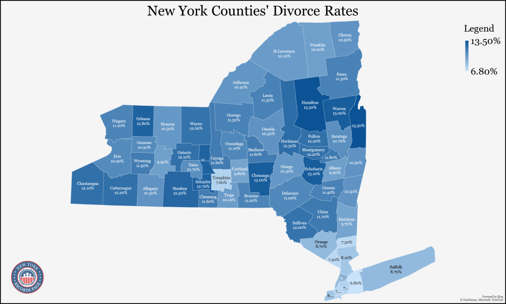A map of the state of New York shows each county's divorce population rates based on the Census Bureau (2021), which ranges from 1.20%-17.00%.