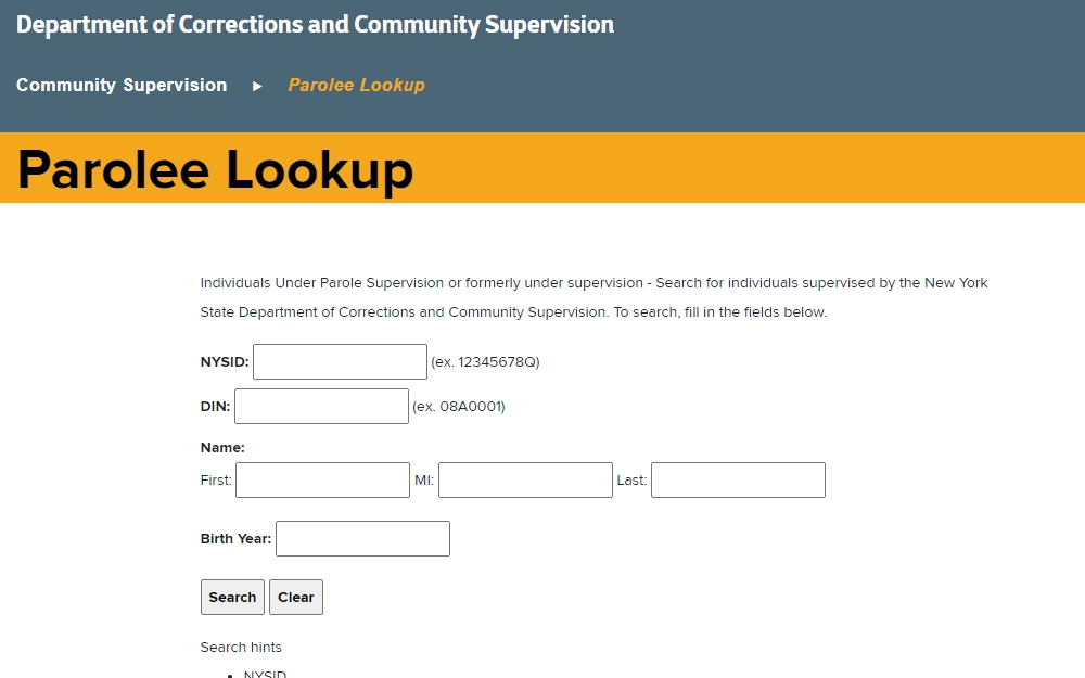 A snapshot of the parolee lookup website for the Department of Corrections and Community Supervision, showing the fields needed for the search, the NYSID and DIN, and the Parolee's complete name and birthday.