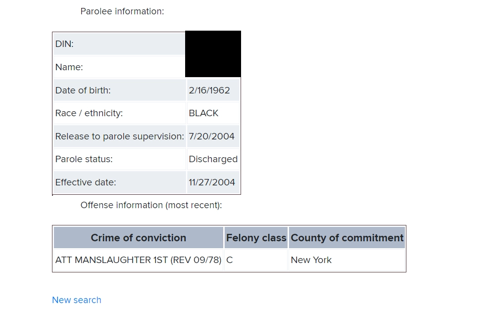 A snapshot of the parolee lookup website for the Department of Corrections and Community Supervision shows the Parolee's information, the DIN(covered), complete name, date of birth, race, parole status, and the crime of conviction at the bottom.