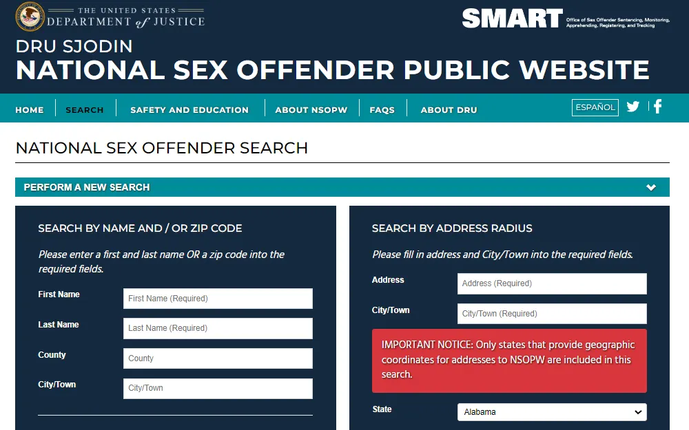 A screenshot of the National Sex Offender Public Website displays its national sex offender search page's two options: " Search by Name and Zip Code" and "Search by Address Radius," to perform a search by name, one must enter the offender's full name, county and city/town, on the other hand, must input the address and pick a state from the dropdown menu to search by address, a logo of The United States Department of Justice at the top left corner and the opposite of it is Sex Offender Sentencing, Monitoring, Apprehending, Registering and Tracking's logo.
