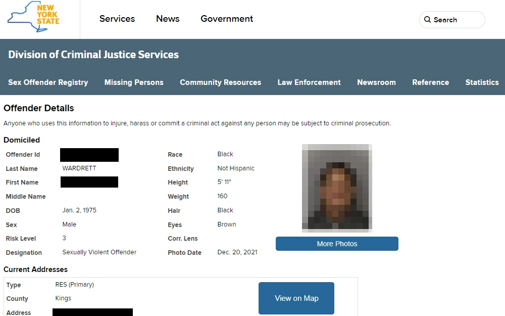 A screenshot of a Division of Criminal Justice Services page displaying a sex offender search result shows the offender's details, including the offender ID, full name, DOB, designation, physical characteristics, and mugshot; the offender's address is also shown in the bottom of the page with a button to display it on a map, as well as the New York State logo in the top left corner.