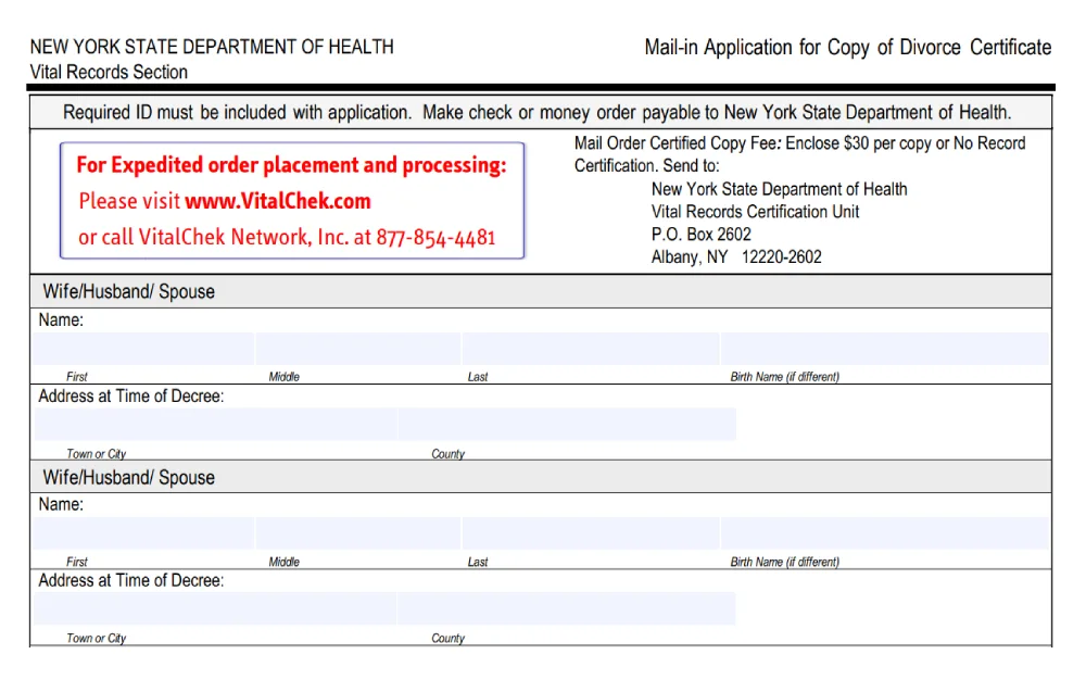 A screenshot displaying an application for a copy of the divorce certificate form from the New York State Department of Health that requires filling out some information such as the wife/husband/spouse name, address at the time of decree, and other information.