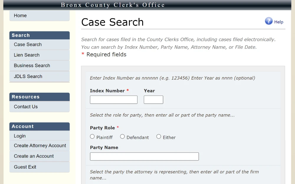 A screenshot showing a search tool for a case filed in the County Clerks Office including the cased filed electronically, searching by index number, party name, attorney name or file date from the New York State Unified Court System, Bronx County Clerk's Office website.