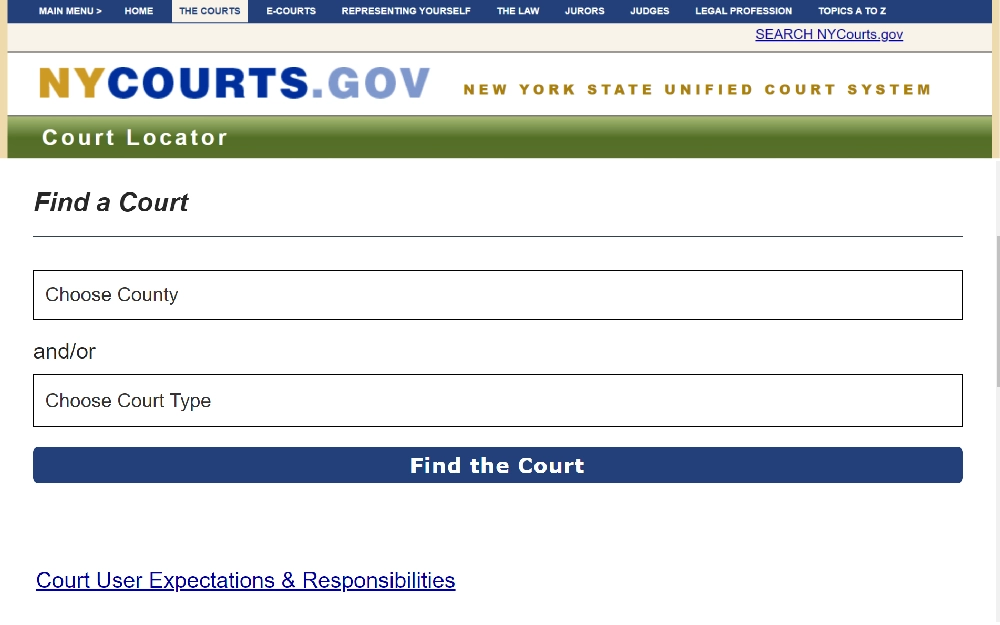 A screenshot showing the New York state unified court system court locator from the New York Court Government filtering a search by county and court type.