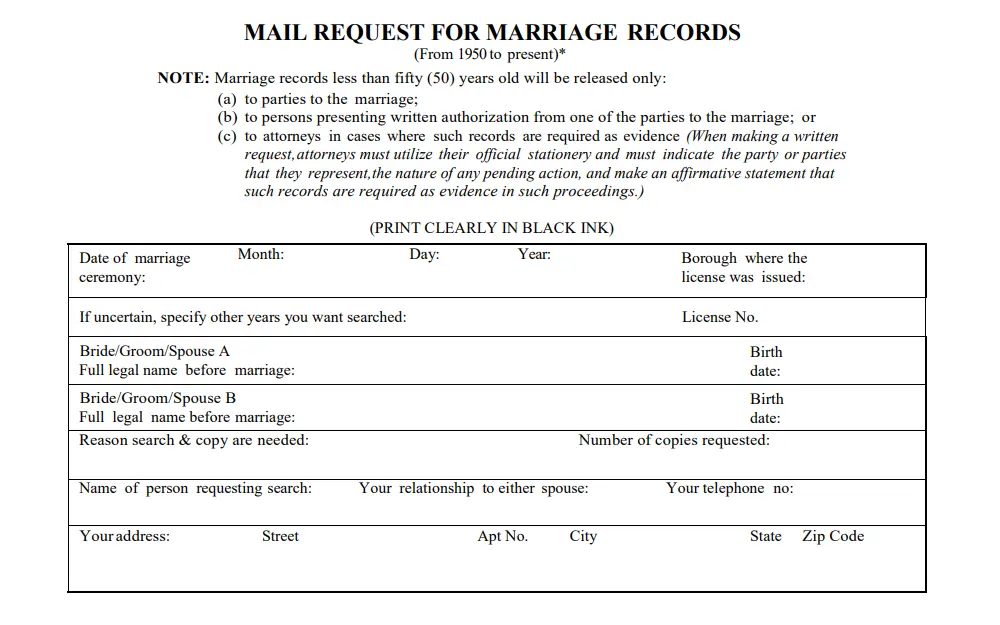 Screenshot of marriage records mail request form with fields for date of ceremony, borough of license issuance, license number, spouses' full legal names and birthdates, reason for request, number of copies, requester's name, relationship to spouse, phone number, and address.