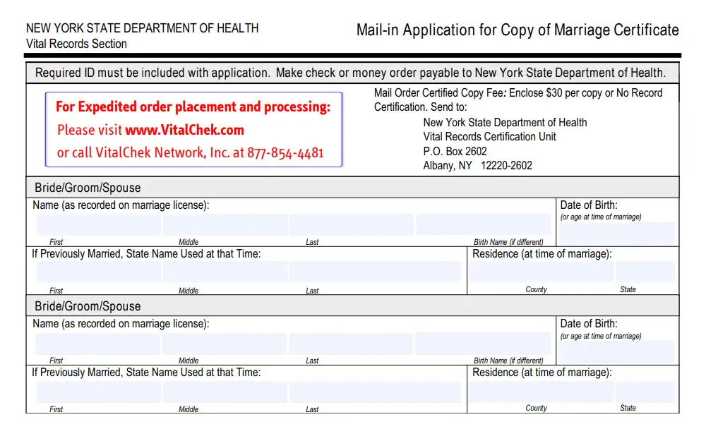 Screenshot of a section of the marriage certificate mail-in application form with fields for spouses' current and previous names, birthdates, and residence at marriage.