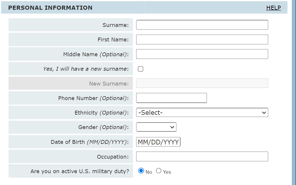 Screenshot of a section of the marriage license online application form with fields for full name, phone number, ethnicity, gender, birthdate, and occupation.