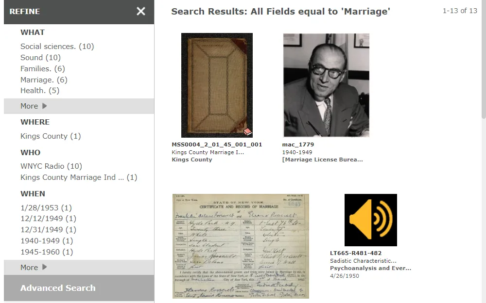 Screenshot of NYC Municipal Archives marriage search result showing a thumbnail, identifier, name, date, and a refine section on the left panel.