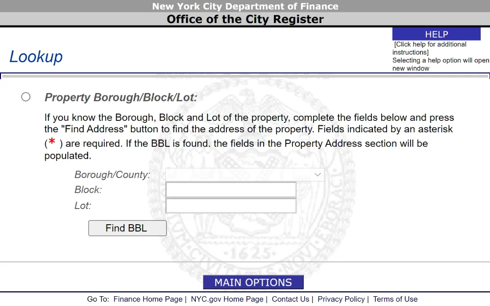 A screenshot displaying a search look-up for a property address or property borough/block and lot by entering the borough or county, street number, street name, unit, block, or lot from the New York State Unified Court System website.