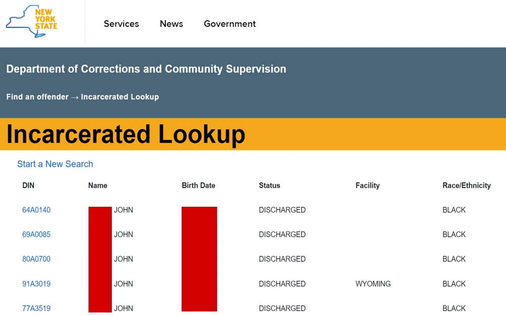 A screenshot from the Department of Corrections and Community Supervision detailing DIN numbers, name, birth date, status as discharged, facility, and race/ethnicity.