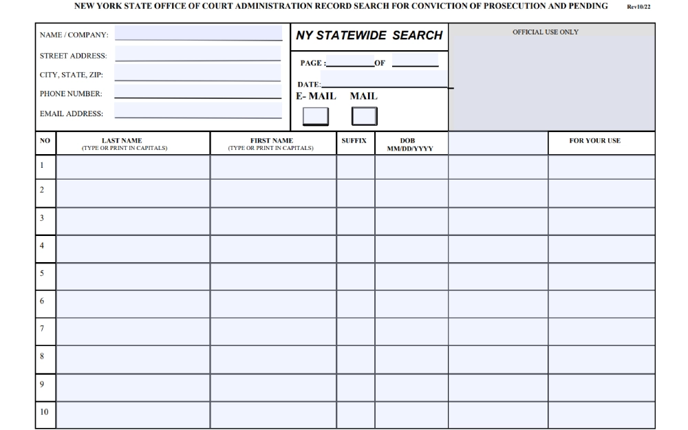 A screenshot from the New York Unified Court System detailing fields for personal and company information and a table to list individuals' names and dates of birth for a statewide search.