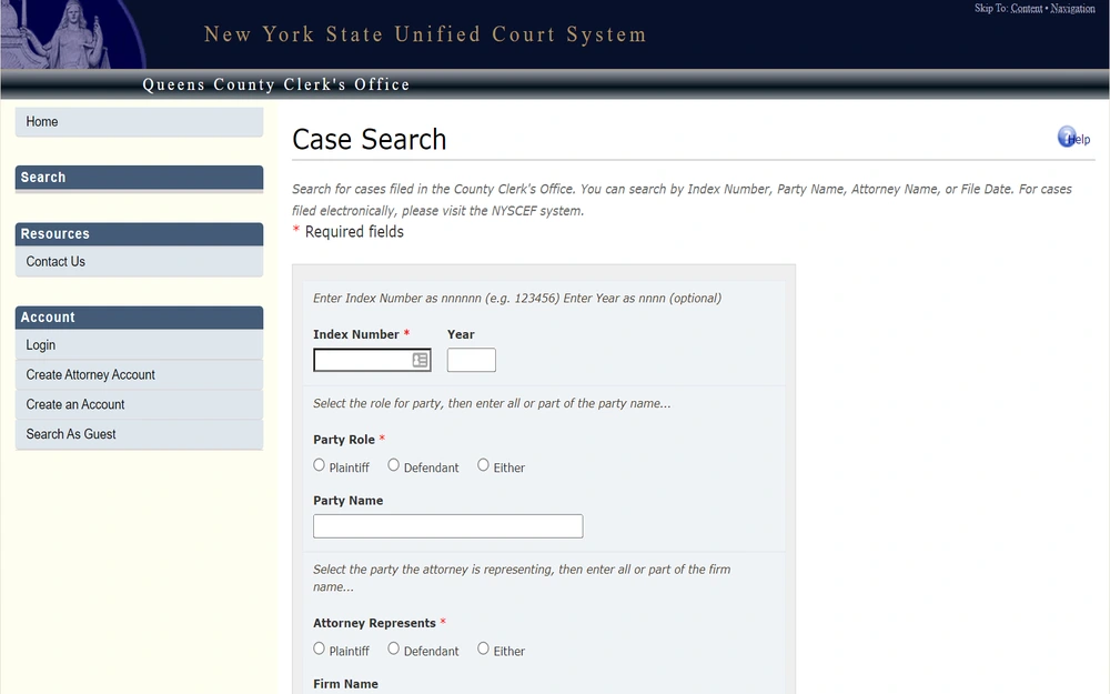 A screenshot from the New York State Unified Court System detailing index number, year, party role, party name, attorney's representation role, law firm name, and file dates to conduct a search.