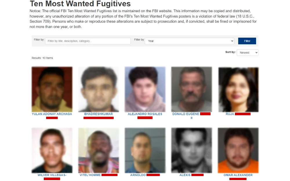 A screenshot from the Federal Bureau of Investigation displaying photos and names under the title "Ten Most Wanted Fugitives" with a notice about the official maintenance of the list and legal disclaimers regarding unauthorized alterations.