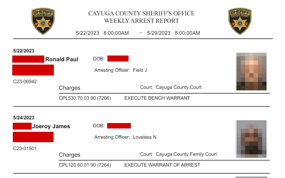 A screenshot of the weekly arrest report from the Cayuga County Sheriff's Office lists those who were recently arrested, including their mugshots, dates of arrest, names, birthdays, addresses, arresting officers, courts, and charges. 