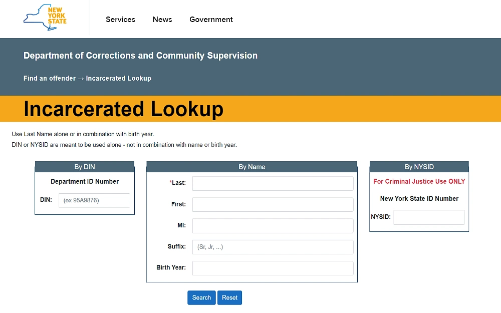 A screenshot of the incarcerated lookup with search options by DIN, name, and NYSID, with fields such as DIN, last name, first name, middle initial, suffix, birth year, and NYSID from the New York State Department of Corrections and Community Supervision website.