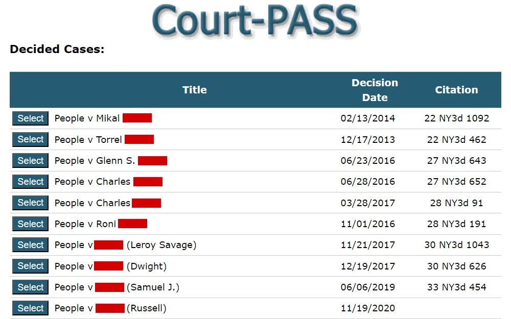 Screenshot of the search results of the public search portal provided by the New York State Court of Appeals, displaying the information in table form including the title, decision date, citation, and a "select" button at the left most part to allow viewing more details.