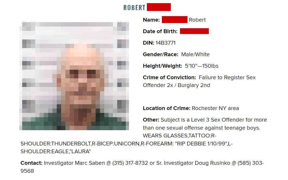 Screenshot taken from the most wanted page of New York Department of Corrections and Community Supervision, showing a wanted person's mugshot, name, date of birth, DIN, gender, race, height, weight, crime of conviction, location of crime, other physical descriptors, information about their criminal history, and the name of the investigators in charge of the case .