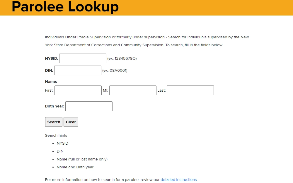 Screenshot of the parolee lookup tool from the website of New York Department of Corrections and Community Supervision, displaying the following input fields: NYSID, DIN, name, and birth year; with a short legend for search hints.