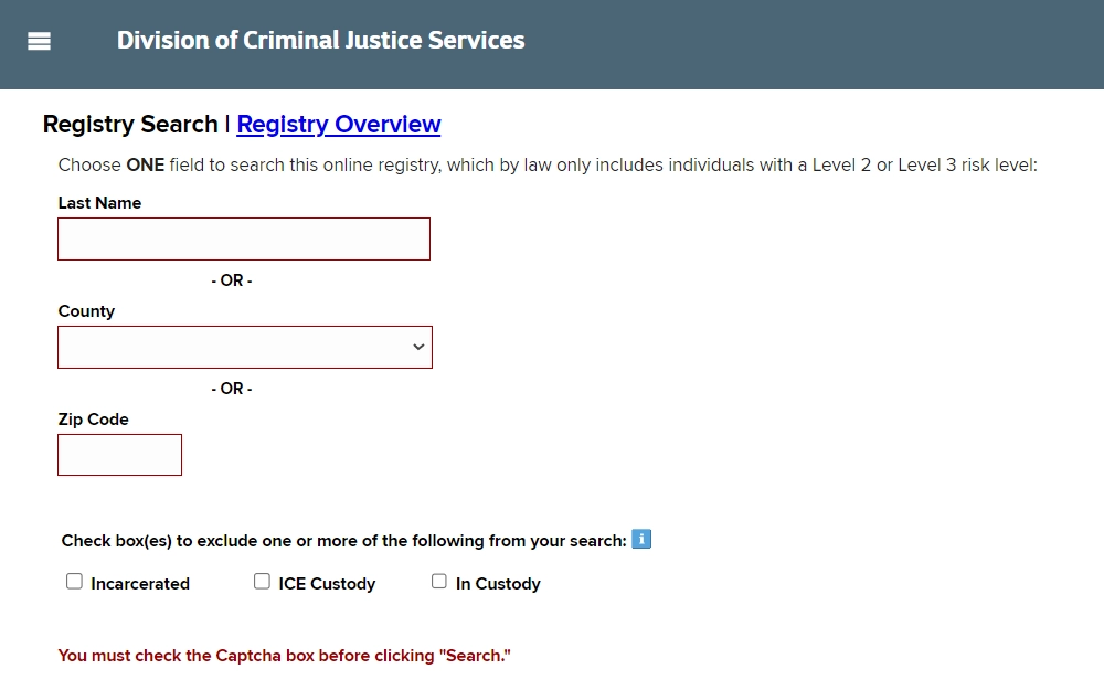 A screenshot of the sex offender registry search from the New York State Division of Criminal Justice Services displays the input fields for last name, county, and zip code, followed by checkboxes to filter the scope of the search according to offender status.