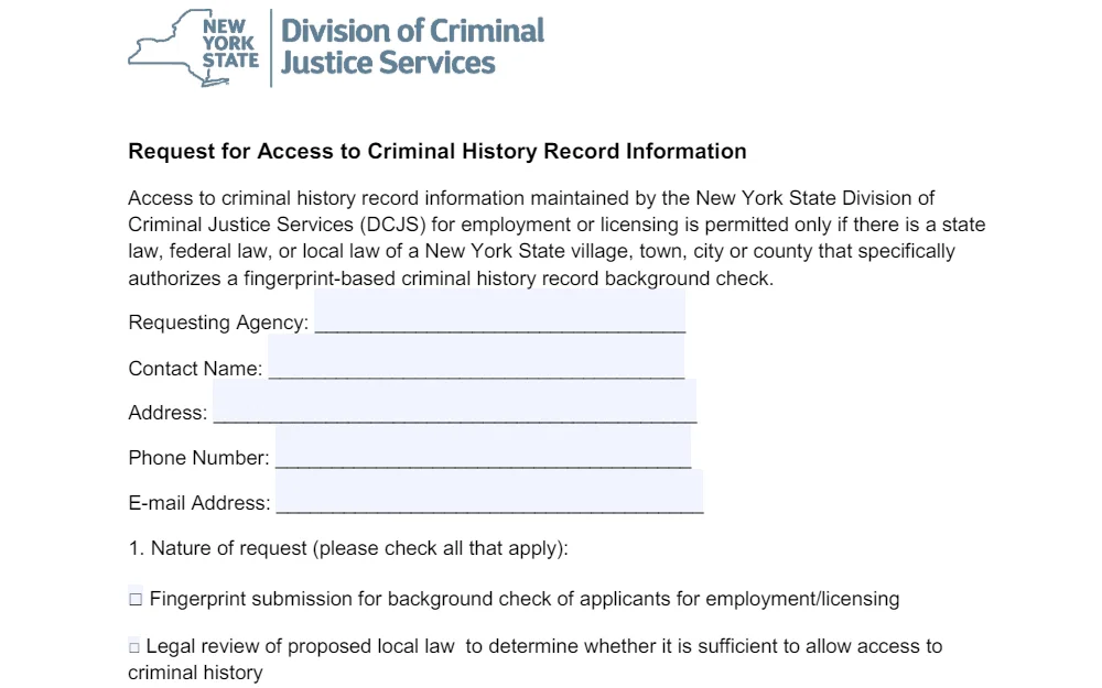 A screenshot of the criminal history information request form from the New York Division of Criminal Justice Services provides fields for requesting agency, contact name, address, phone number, and email address, followed by a checklist about the nature of the request.