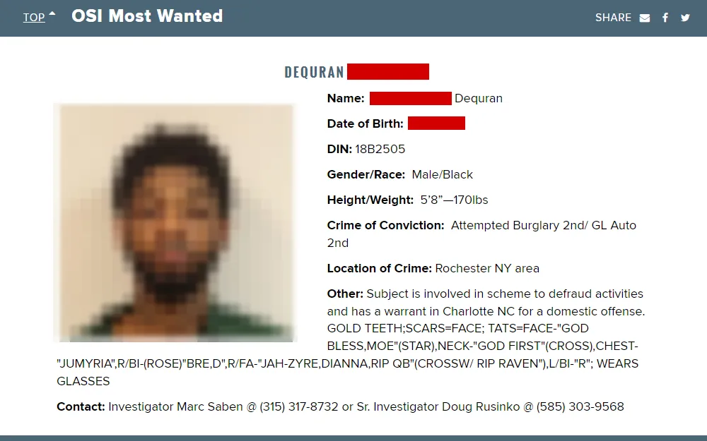 A screenshot from the most wanted page of the New York State Department of Corrections and Community Supervision displays one offender with his mugshot, name, date of birth, inmate number, gender, race, height, weight, crime of conviction, location of crime, other activities, identifying characteristics, and contact person.