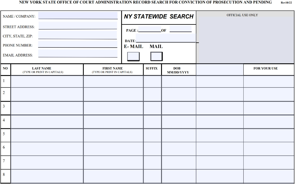 A screenshot of the form from the New York State Unified Court System demonstrates the fields that must be filled in Name/company, street address, city, state, phone number, and email address, also necessary to enter the inmate's last name, first name, suffix if any, and birthday, a note at the button instructs users to enter their email addresses at the top if they want the results emailed to them.
