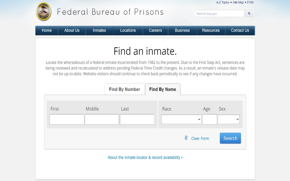 The Federal Bureau of Prisons' search tab displays its two search options: "Find by Number" and "Find by Name" To search by name, one must provide the inmate's entire name along with their race, age, and sex; the bureau's logo is also shown in the top left corner.