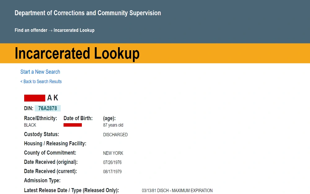A screenshot from the results of an incarcerated lookup revealing an inmate's details, including full name, DIN(covered), race, age, custody status, county of commitment, date received, and most recent release date from the Department of Corrections and Community Supervision.
