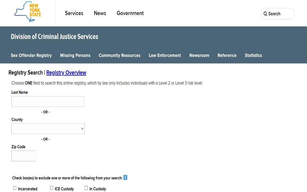 A screenshot of the Division of Criminal Justice Services page showing its sex offender registry tab with its three options to search: by "Last Name," "County," or by "Zip Code," 3 checked box is placed at the bottom to exclude from search, "Incarcerated," "ICE Custody" and "In Custody"; the New York State logo is visible in the top left corner.