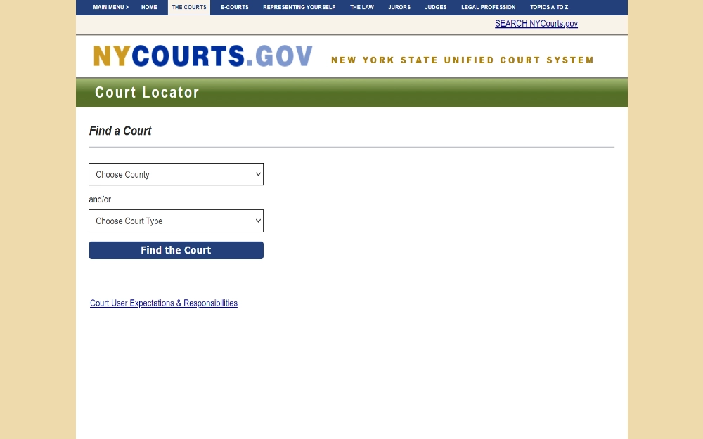 A screenshot of the court finder page for the New York State Unified Court System with the needed field, the dropdown menus for county and court type, and the top-left New York Government page logo.