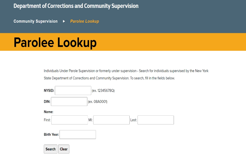 A screenshot of the parolee lookup website for the Department of Corrections and Community Supervision, showing the fields needed for the search, the NYSID and DIN, and the Parolee's complete name and birthday.