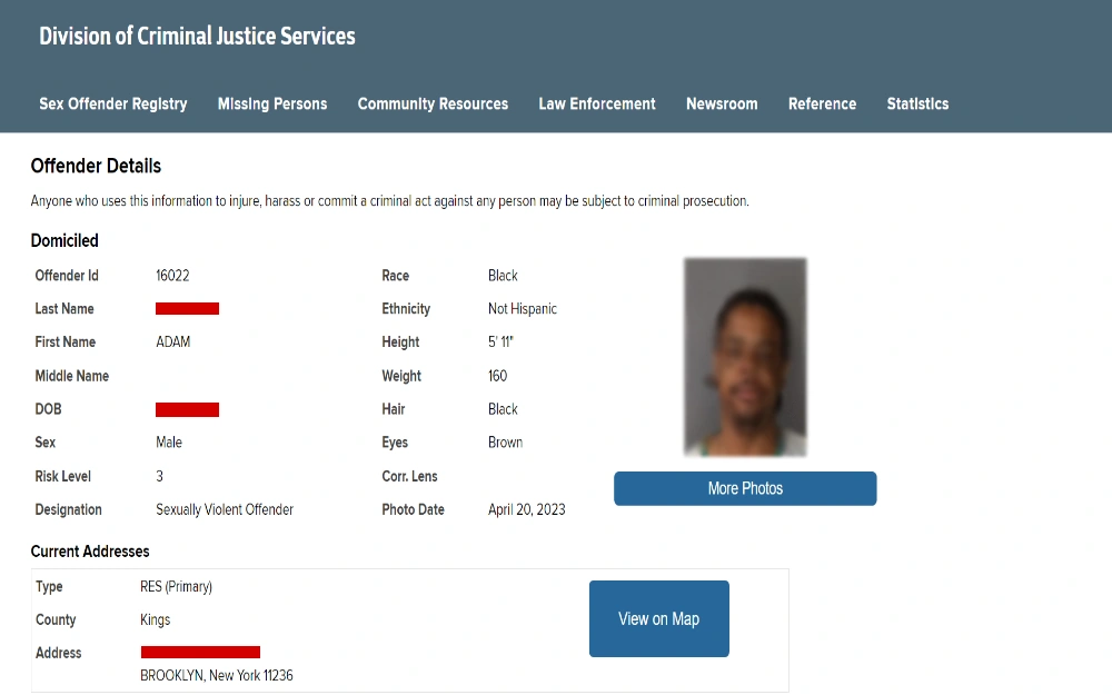 A screenshot of a Division of Criminal Justice Services page displaying a sex offender search result shows the offender's details, including the offender ID, full name, DOB, designation, physical characteristics, and mugshot; the offender's address is also shown in the bottom of the page with a button to display it on a map, as well as the New York State logo in the top left corner.